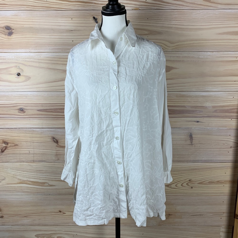 Sacred Threads Shirt Women S/M White Embroidered Cotton Tunic Cottagecore